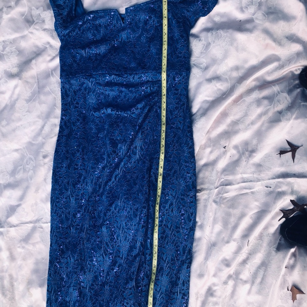 Charming Blue Candalite Women’s Gown S 2X Lined.  Floral Lace /Sequins Over Lay
